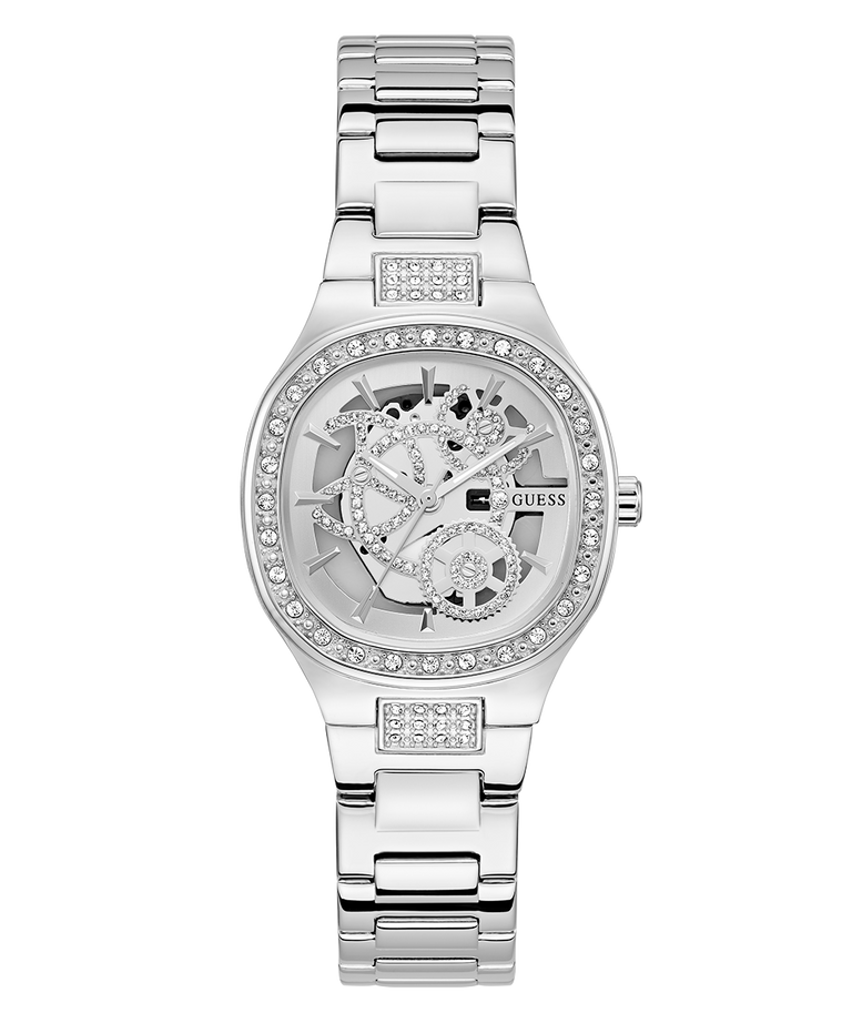 GUESS Ladies Silver Tone Analog Watch with a detailed face on a white background