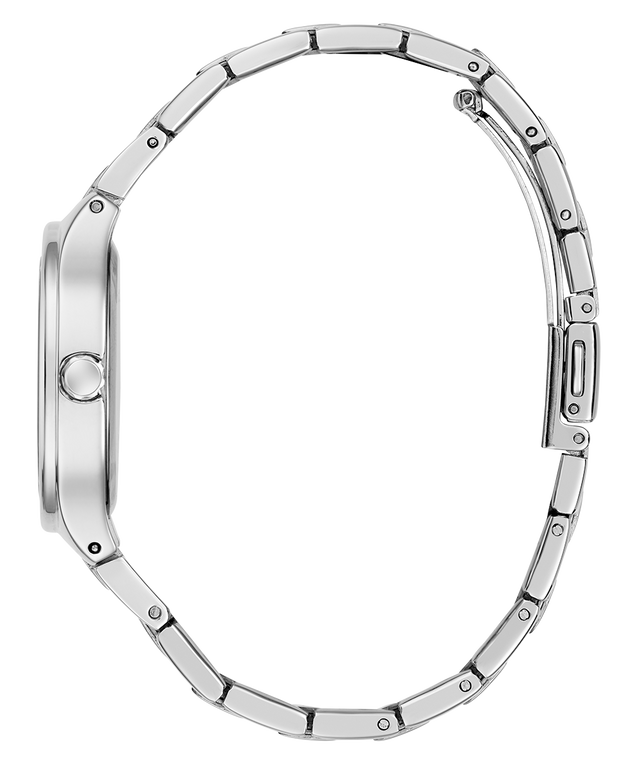 side of GUESS Ladies Silver Tone Analog Watch case on a white background