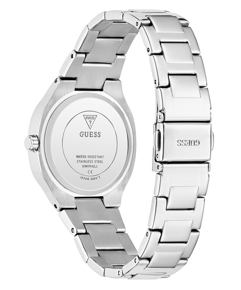 GUESS Ladies Silver Tone Analog Watch caseback with visible brand logo on a white background