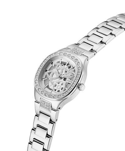 Silver watch with a detailed face on a white background lifestyle