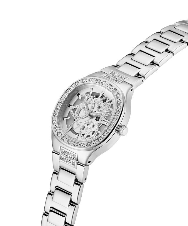 Silver watch with a detailed face on a white background lifestyle