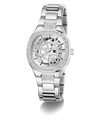 GUESS Ladies Silver Tone Analog Watch with intricate design on a white background