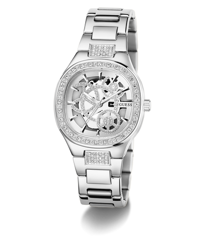 GUESS Ladies Silver Tone Analog Watch with intricate design on a white background