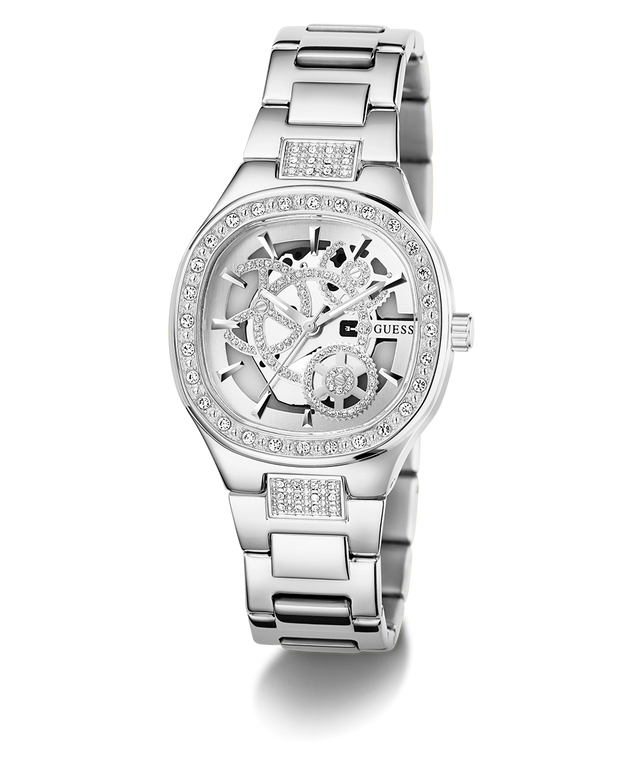 GUESS Ladies Silver Tone Analog Watch with intricate design on a white background