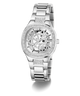 GUESS Ladies Silver Tone Analog Watch with intricate design on a white background
