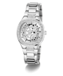 GUESS Ladies Silver Tone Analog Watch with intricate design on a white background