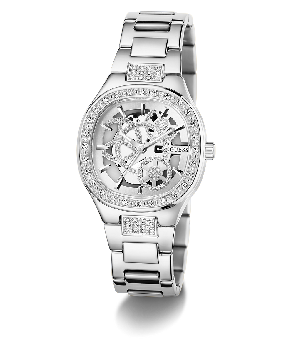 GUESS Ladies Silver Tone Analog Watch with intricate design on a white background