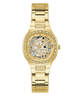 GUESS Ladies Gold Tone Analog Watchwith diamond-studded case on a white background