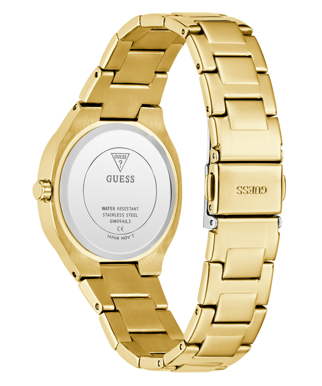 GUESS Ladies Gold Tone Analog Watch with visible brand logo on a white background