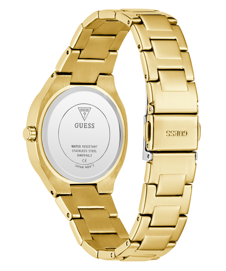 GUESS Ladies Gold Tone Analog Watch with visible brand logo on a white background