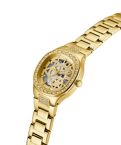 GUESS Ladies Gold Tone Analog Watch with a detailed face and diamond-studded band on a white background lifestyle