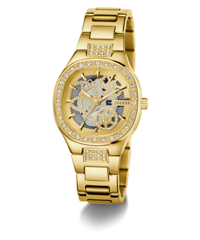 GUESS Ladies Gold Tone Analog Watchh with visible GUESS logo on a white background