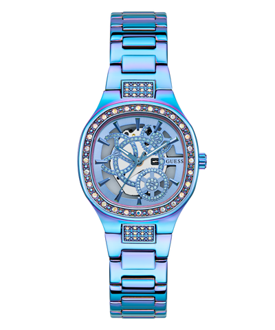 GUESS Ladies Iridescent Blue Analog Watch with a detailed face on a white background
