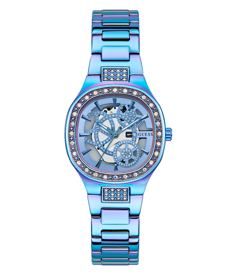 GUESS Ladies Iridescent Blue Analog Watch with a detailed face on a white background