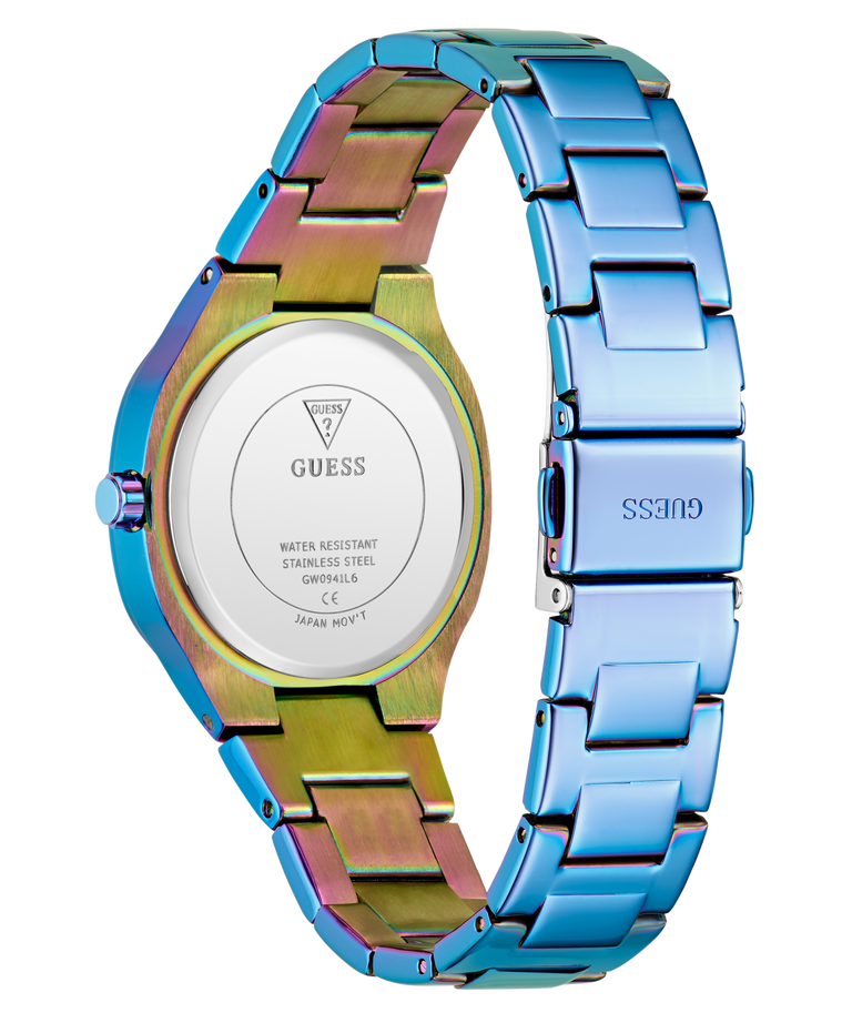 GUESS Ladies Iridescent Blue Analog Watch with Guess branding on a white background