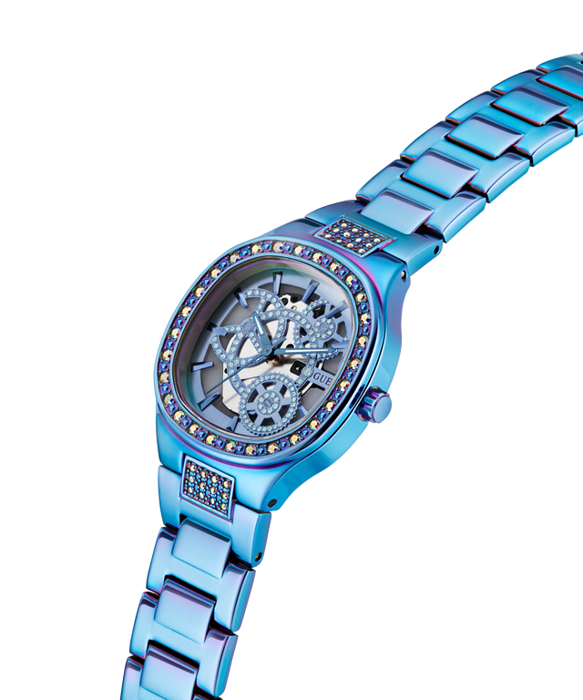 GUESS Ladies Iridescent Blue Analog Watch with a detailed face on a white background lifestyle