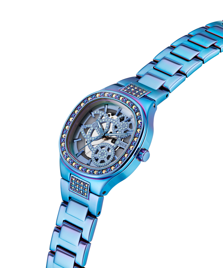GUESS Ladies Iridescent Blue Analog Watch with a detailed face on a white background lifestyle