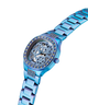 GUESS Ladies Iridescent Blue Analog Watch with a detailed face on a white background lifestyle