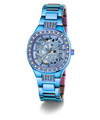 GUESS Ladies Iridescent Blue Analog Watch with diamond-studded face on a white background