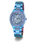 GUESS Ladies Iridescent Blue Analog Watch with diamond-studded face on a white background