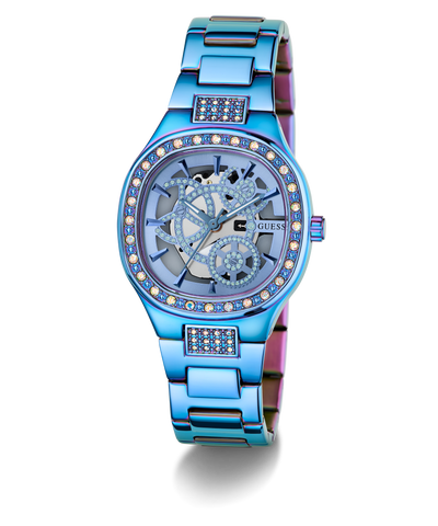 GUESS Ladies Iridescent Blue Analog Watch with diamond-studded face on a white background