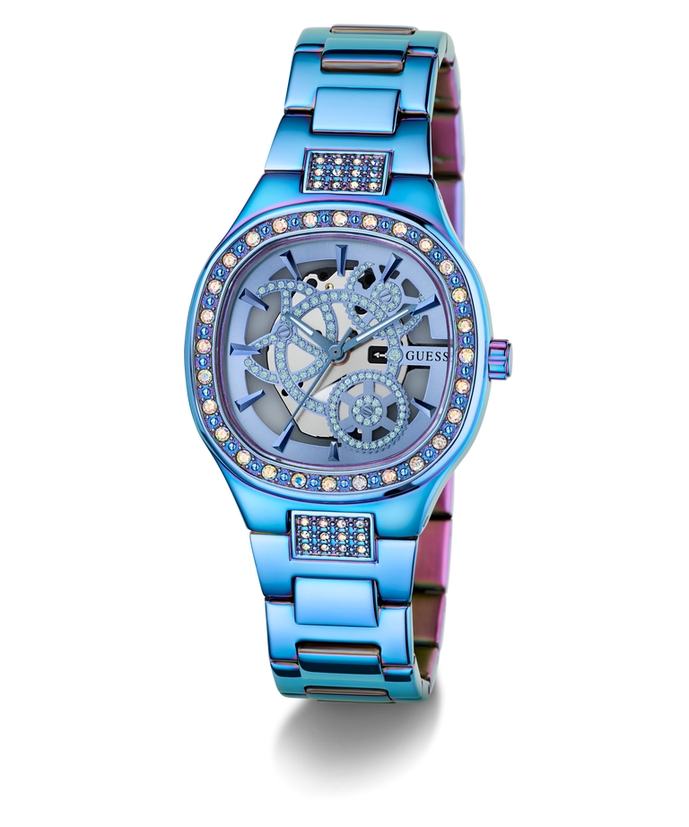 GUESS Ladies Iridescent Blue Analog Watch with diamond-studded face on a white background