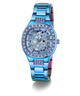 GUESS Ladies Iridescent Blue Analog Watch with diamond-studded face on a white background