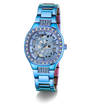 GUESS Ladies Iridescent Blue Analog Watch with diamond-studded face on a white background