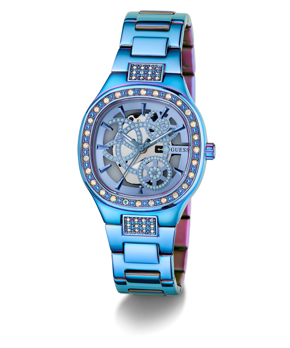 GUESS Ladies Iridescent Blue Analog Watch with diamond-studded face on a white background