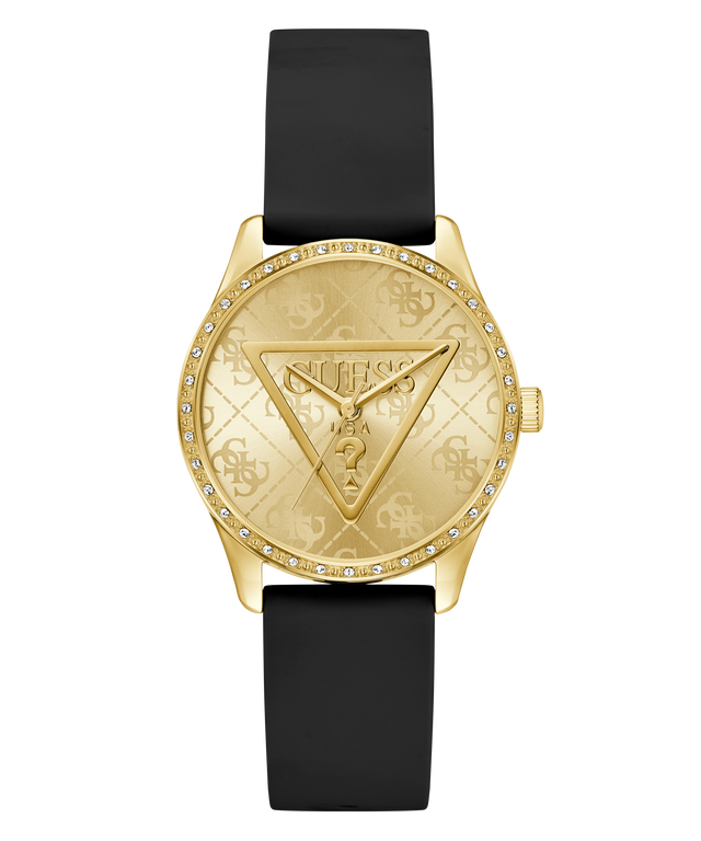 GUESS Ladies Black Gold Tone Analog Watch with black strap featuring Guess logo on a white background
