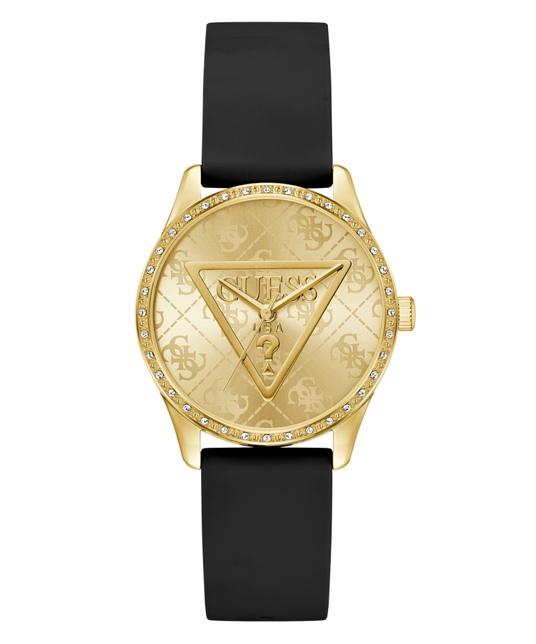 GUESS Ladies Black Gold Tone Analog Watch with black strap featuring Guess logo on a white background