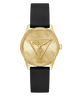 GUESS Ladies Black Gold Tone Analog Watch with black strap featuring Guess logo on a white background