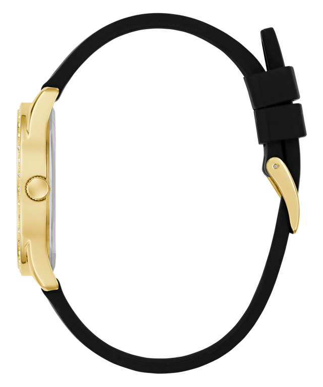 Gold watch with black strap on a white background