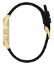 Gold watch with black strap on a white background