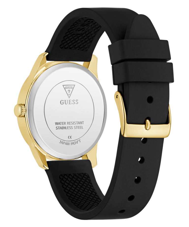 Black and gold watch with visible brand logo on a white background