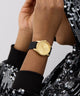 Gold watch on a wrist with a black and silver sequin outfit against a light gray background