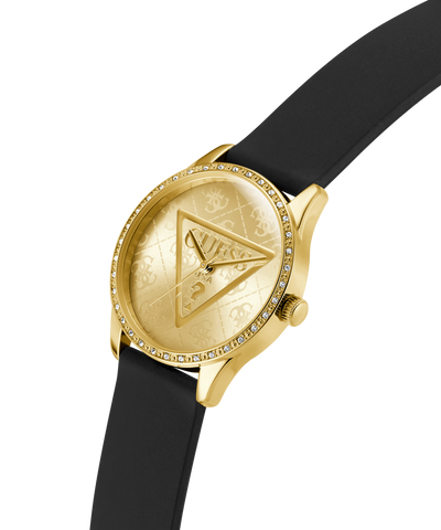 Gold watch with black strap on a white background lifestyle