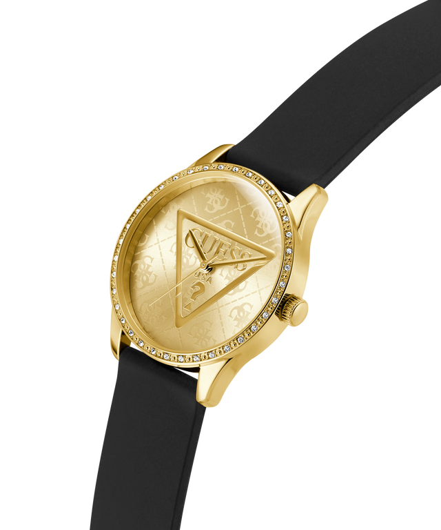 Gold watch with black strap on a white background lifestyle
