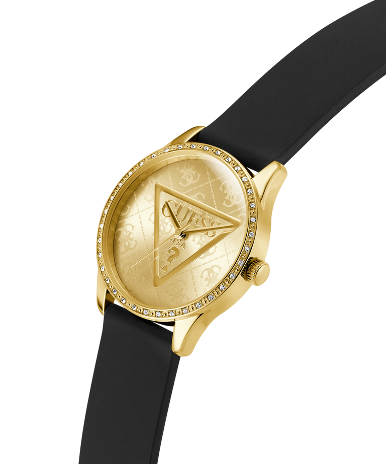 Gold watch with black strap on a white background lifestyle