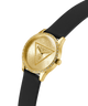 Gold watch with black strap on a white background lifestyle