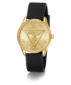 GUESS Ladies Black Gold Tone Analog Watch with black strap on a white background