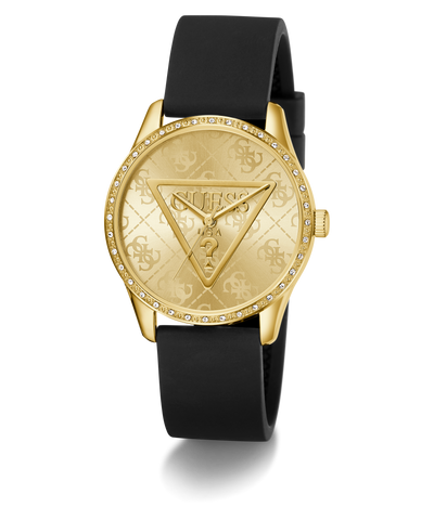 GUESS Ladies Black Gold Tone Analog Watch with black strap on a white background