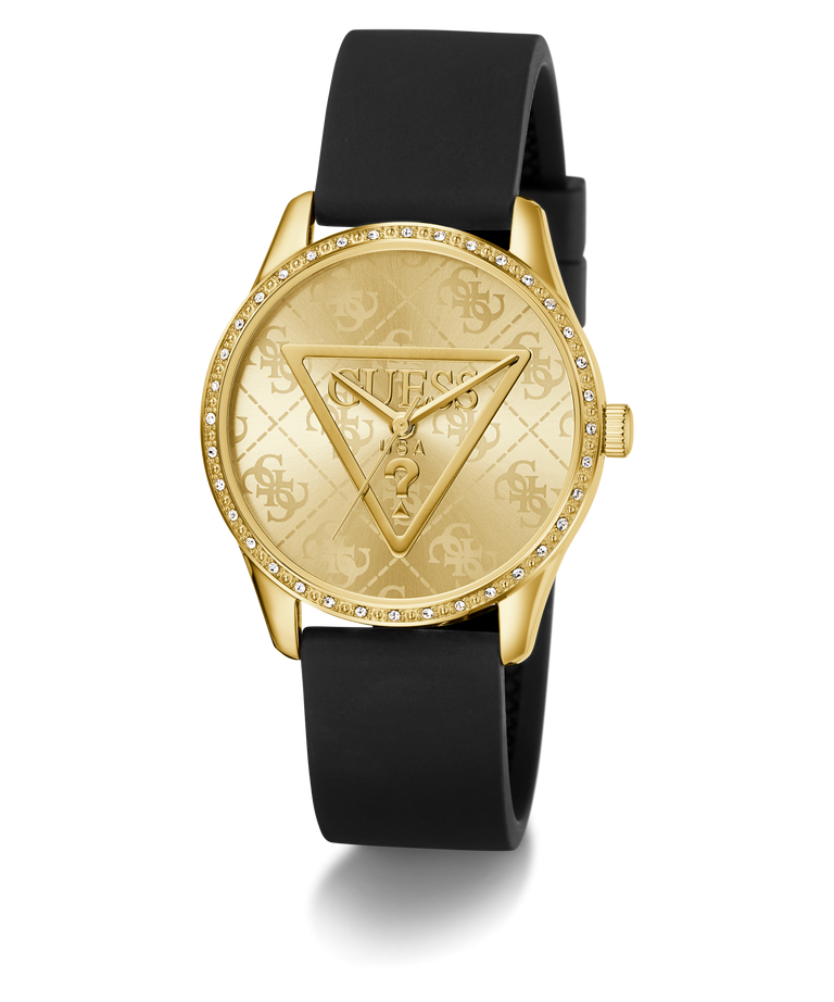 GUESS Ladies Black Gold Tone Analog Watch with black strap on a white background