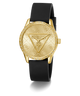 GUESS Ladies Black Gold Tone Analog Watch with black strap on a white background