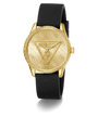 GUESS Ladies Black Gold Tone Analog Watch with black strap on a white background