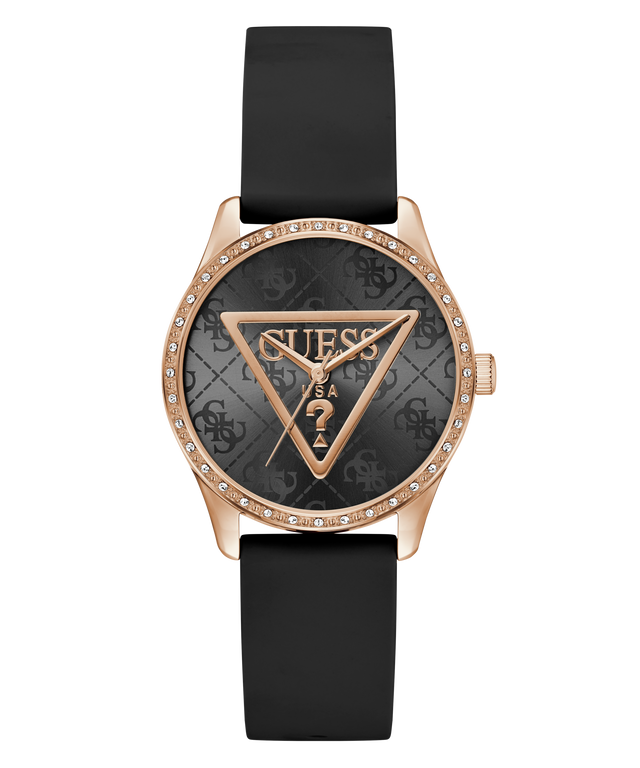 Guess watch with black strap and rose gold case on white background