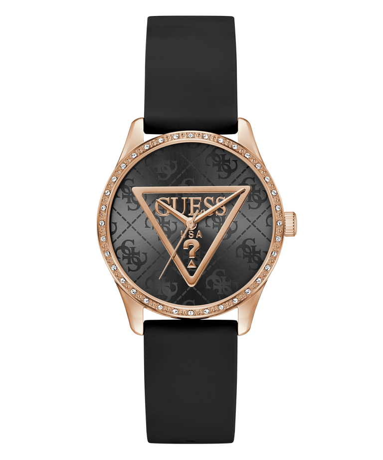Guess watch with black strap and rose gold case on white background
