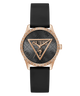 Guess watch with black strap and rose gold case on white background