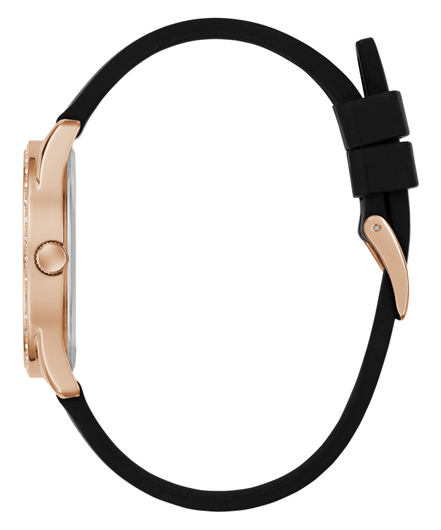 GUESS Ladies Black Rose Gold Tone Analog Watch with black strap and gold case on a white background