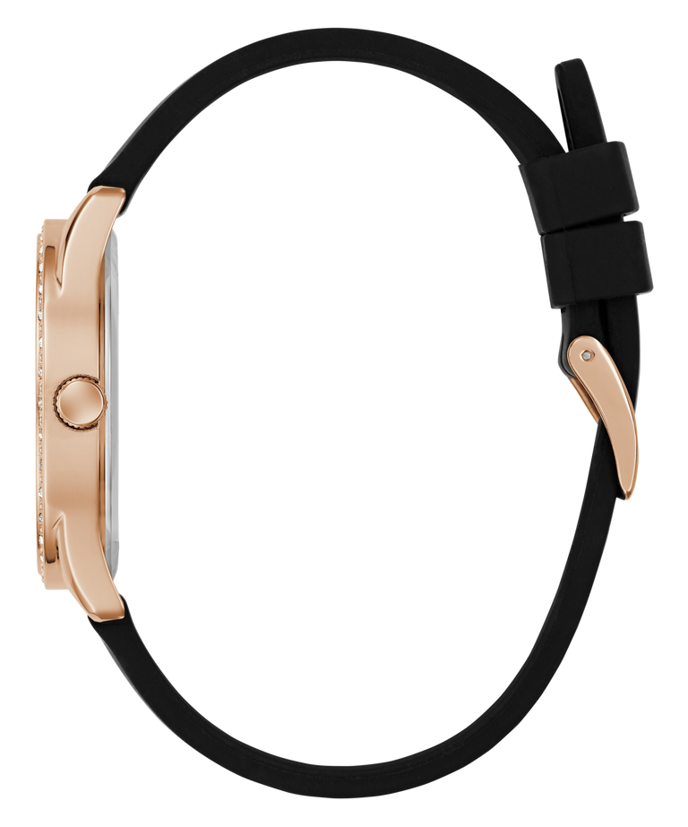 GUESS Ladies Black Rose Gold Tone Analog Watch with black strap and gold case on a white background